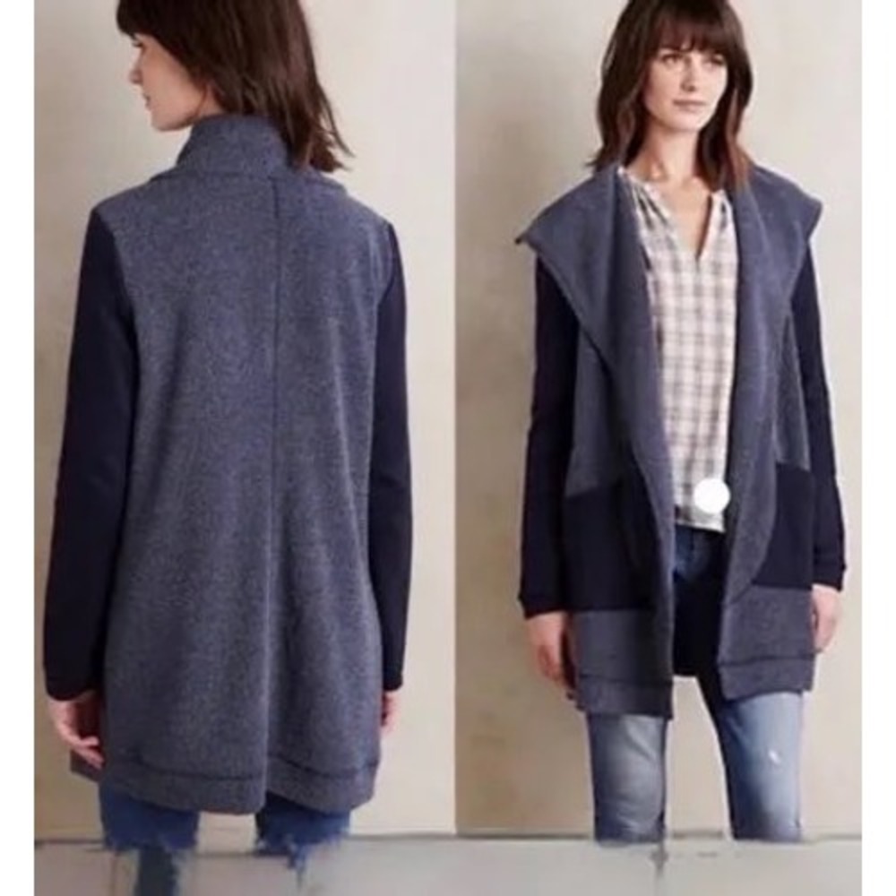 Saturday Sunday Anthropologie‎ Womens Small Navy Grey Open Front Cardigan Jacket